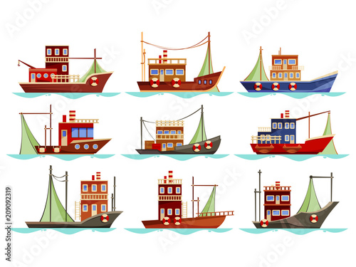 Set of isolated trawler or ship, boat for fishing