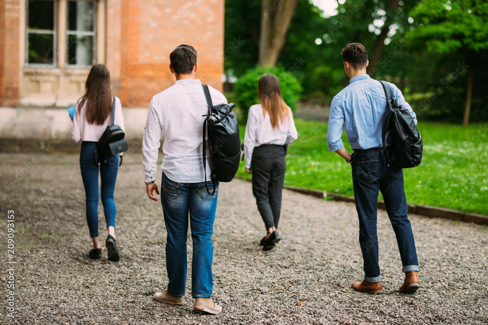 Fototapeta premium Rear view of students walking together in campus outdoors