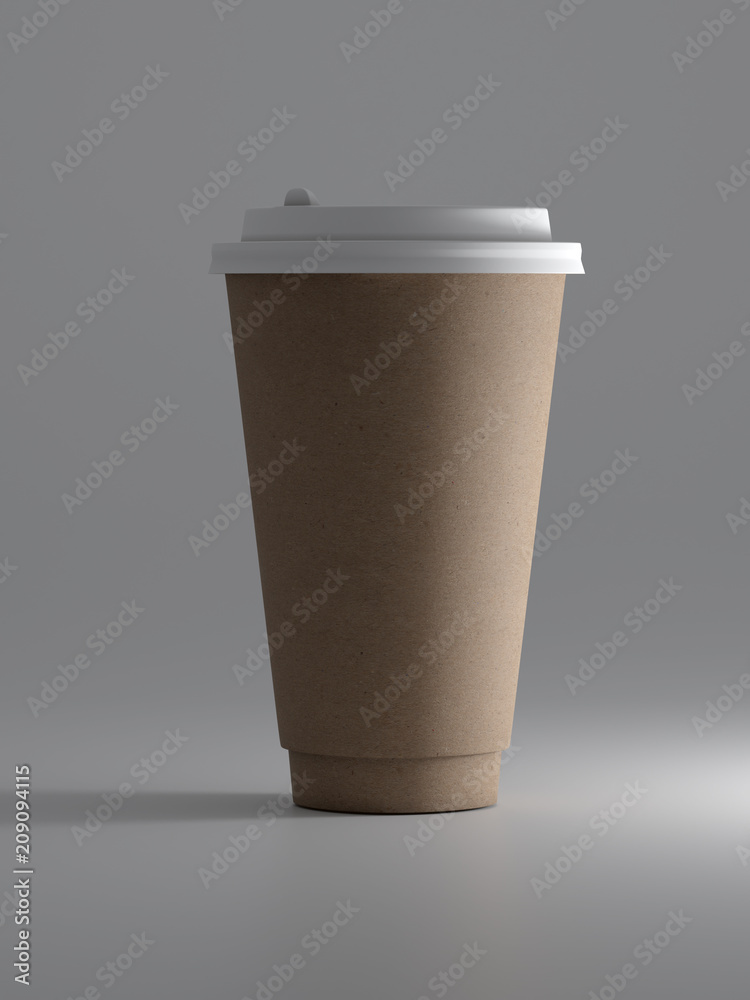 Paper cup for coffee with a lid. brown kraft paper. template. Mockup. gray background Paper cup for coffee with a lid. brown kraft paper. template. Mockup. gray background