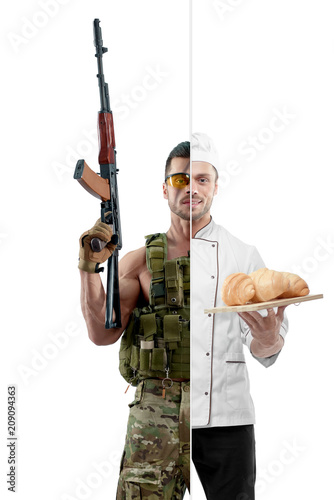Comparison of chef modern soldier uniform. Chef wearing white chef's tunic, holing porcelian plate with fresh baked croissants. Soldier wearing military uniform, having Kalashnikov automatic machine.