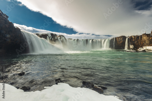 Godafoss waterfall in iceland winter on sunny day