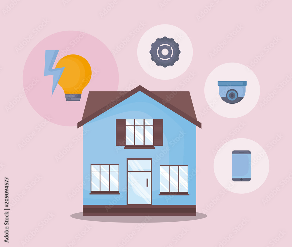 Modern house with smart home related icons over pink background, colorful design. vector illustration Modern house with smart home related icons over pink background, colorful design. vector illustration