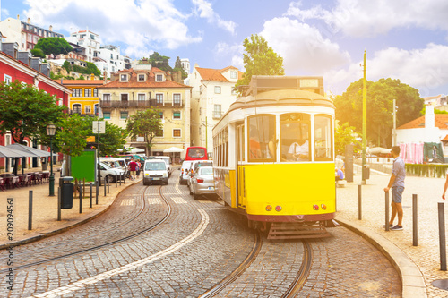 Vintage Tram transportation in Lisbon city Portugal