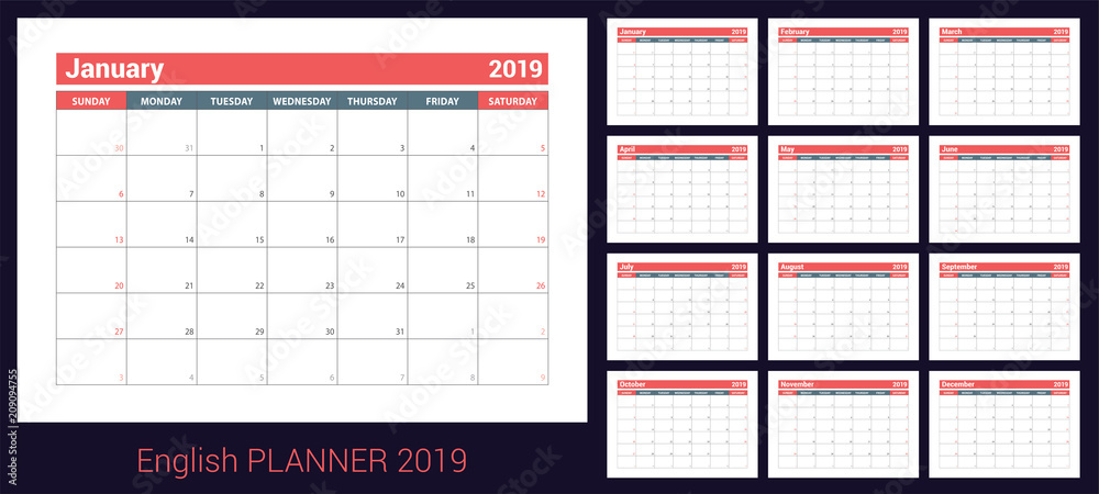 2019 calendar. English planner. Red and gray color vector template. Week starts on Sunday. Business planning. New year calender. Clean minimal table. Simple design - obrazy, fototapety, plakaty 