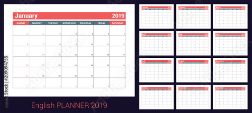 2019 calendar. English planner. Red and gray color vector template. Week starts on Sunday. Business planning. New year calender. Clean minimal table. Simple design