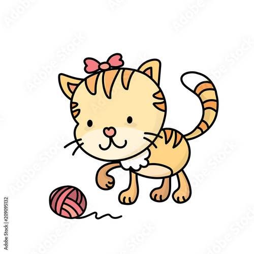 Cute cartoon kitten plays with a ball of threads