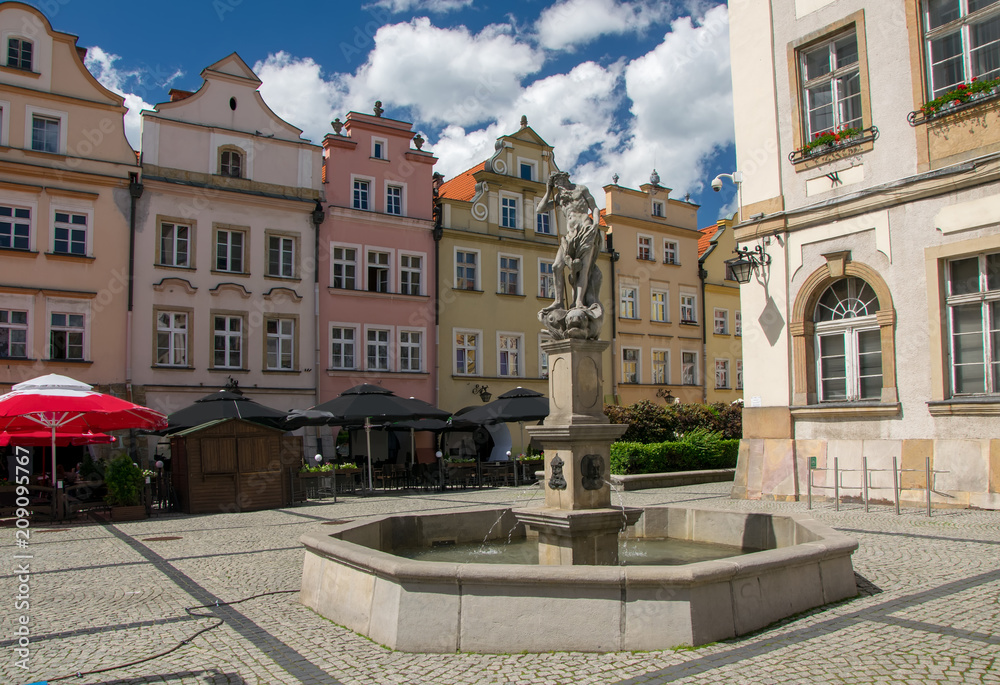 Fountain at the square in old town of Jelenia Gora, Lower Silesia, Poland.