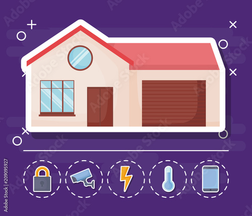house icon with smart house related icons over purple background, colorful design. vector illustration