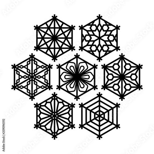 set of seven traditional Japanese ornaments Kumiko in the form hexagones