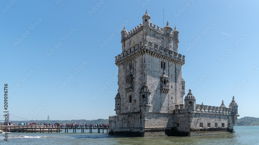 View of the Belem tower at the bank of Tejo River in Lisbon, Portugal