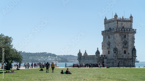 View of the Belem tower at the bank of Tejo River in Lisbon, Portugal photo