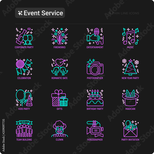 Event services thin line icons set: kids party, gifts, birthday, magician, clown, videographer, party invitation, corporate, fireworks, music, celebration, romatic date. Modern vector illustration.