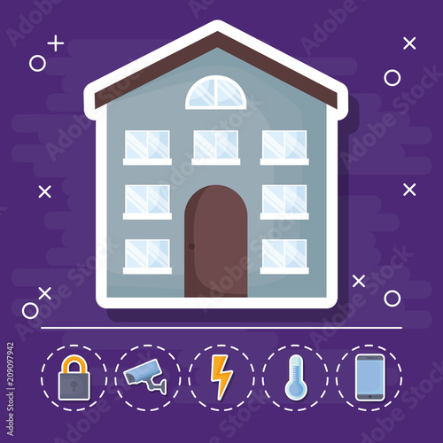 house icon with smart house related icons over purple background, colorful design. vector illustration