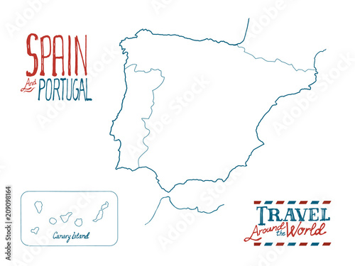 Map of Spain and Portugal drawn by hand on white background