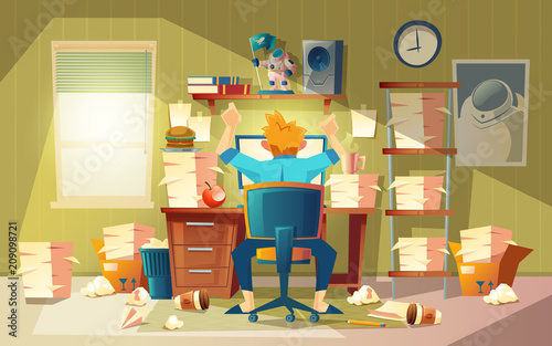 Vector home office in chaos with freelancer - deadline concept, approaching finishing time. Cartoon interior with furniture and mess. Computer, books, garbage with papers. Designer workspace