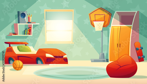 Vector children s bedroom interior with window - furniture, toys for boy. Shelves with books, basketball equipment and closet in cartoon style. Background with design elements for kids