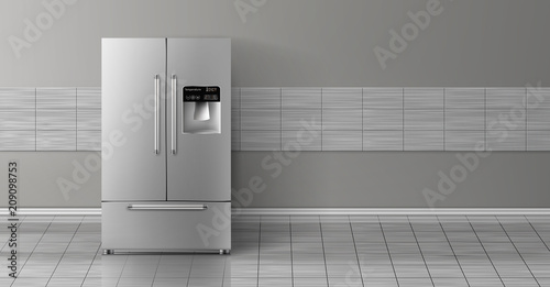 Vector 3d realistic mock up with gray two-chambered refrigerator isolated on tile wall. Modern smart appliance in kitchen, background for design. Decorative template with fridge.