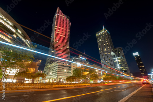 Warsaw, Poland, April 2018:Panoramic view of Warsaw downtown during the night