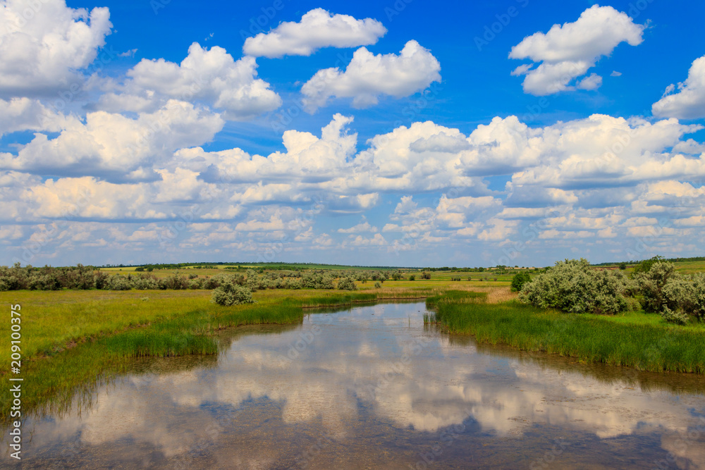 Summer landscape with small river and blue cloudy sky - obrazy, fototapety, plakaty 
