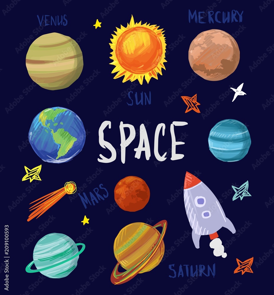 Set of cartoon space objects. Solar system. Vector illustration. Stock  Vector | Adobe Stock