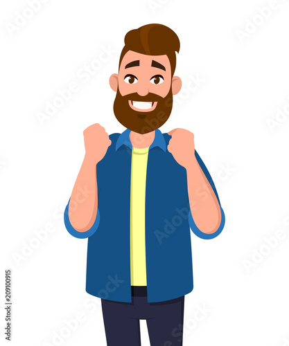 Happy man is showing  success or victory gesture. Vector illustration concept in cartoon style.
