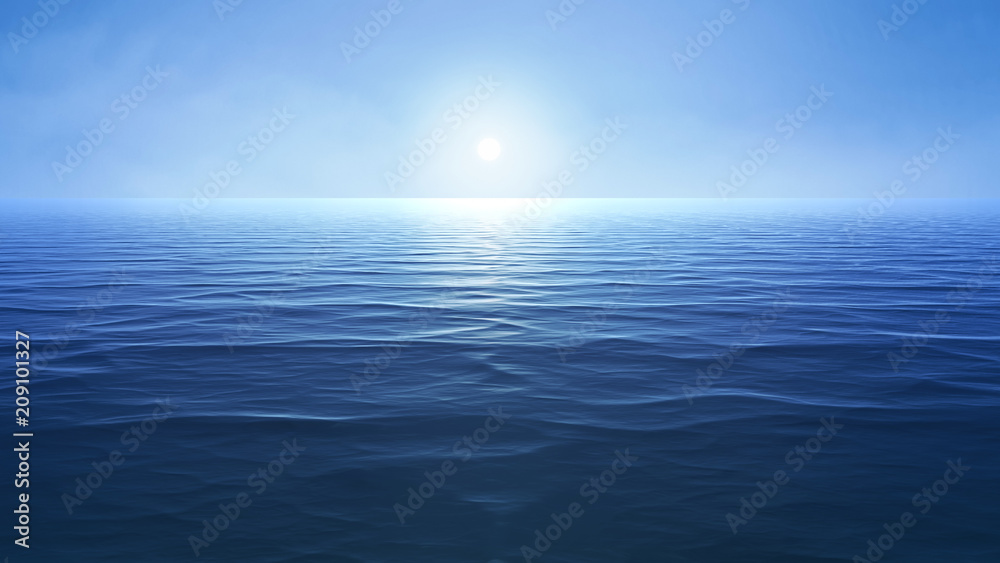 Naklejka premium niebieski ocean ze słońcem nad horyzontem