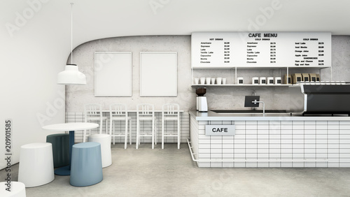 Cafe shop & Restaurant Modern Design. Modern white curved wall,concrete floor,Modern Design Furniture,Counter Bar Concrete with White Tiles- 3D render