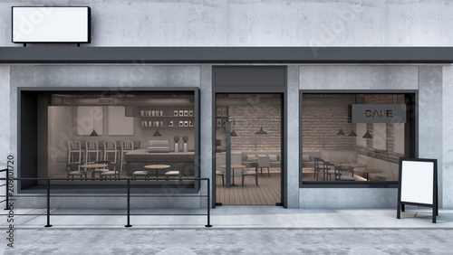Front view Cafe shop & Restaurant design. Modern Loft wall concrete frame windows black metal counter metal black. Top counter concrete, 3D render