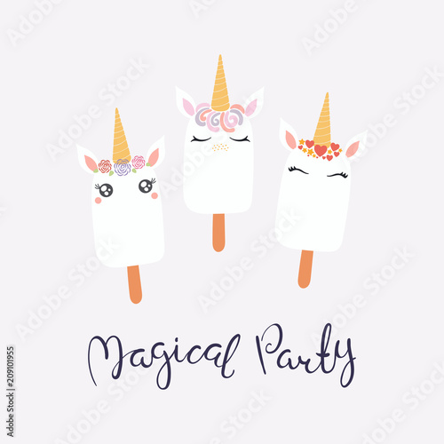 Set of cute funny ice cream with unicorn faces, horns, ears, flowers, letteri...