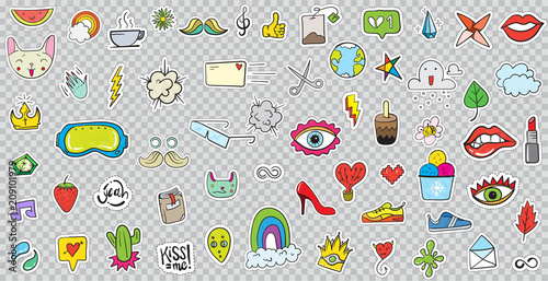Wallpaper Mural Big Set of Patches Elements like Flower, Heart, Crown, Cloud, Lips, Mail, Diamond, Eyes. Hand Drawn Vector. Cute Fashionable Stickers Collection. Doodle Pop art Sketch Badges and Pins. Torontodigital.ca