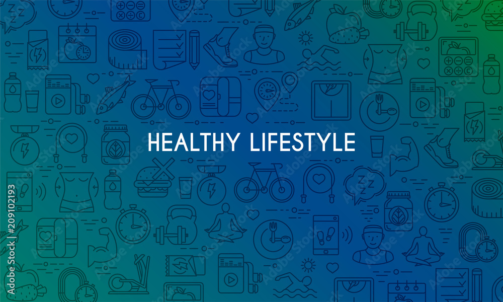 Healthy lifestyle banner. Design template with thin line icons on theme fitness, nutrition and dieting. Vector illustration
