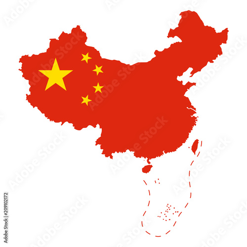 Flag of China in the country outline. Area controlled by the Peoples Republic of China, PRC, and claimed but uncontrolled regions. Five-star Red Flag. Isolated illustration on white background. Vector