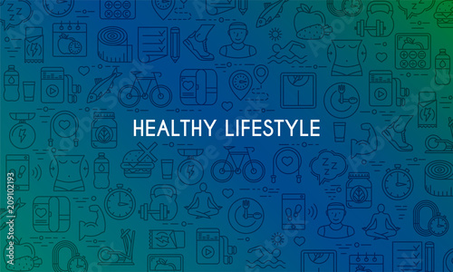 Healthy lifestyle banner. Design template with thin line icons on theme fitness, nutrition and dieting. Vector illustration