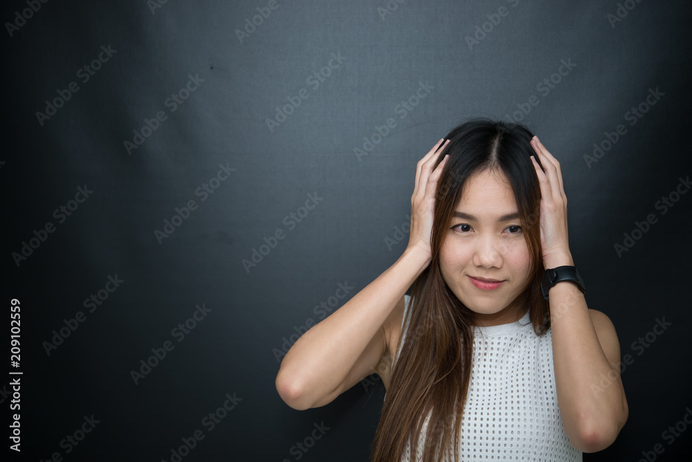 Business woman think for ideas isolate on black background,Thailand people,Secretary girl thinking concept