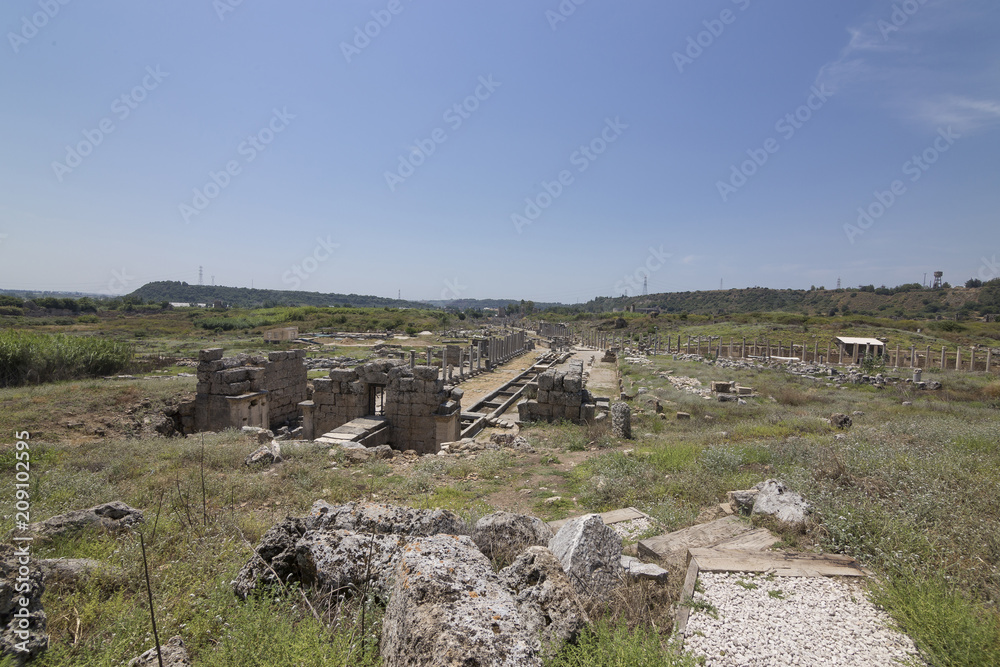 Aerial view from the Nympahion of Kestros side of Perge Ancient City in Antalya, Turkey