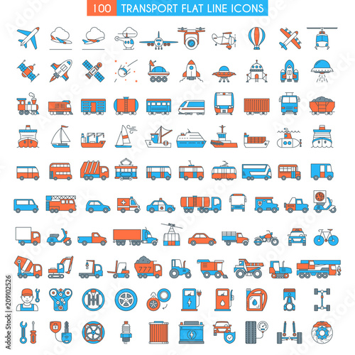 Vehicles big icons set. Transportation, cars, bikes, bus, trains, ships, space shuttle, rockets, public transport modern icons Flat line design icons collection . Vector illustration