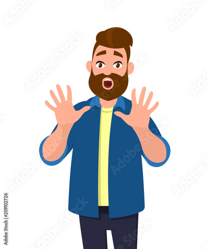 Man with scared expression on his face making frightened gesture with his palms as if trying to defend himself from someone. Frightened man defends himself with his hands. Concept illustration in vect