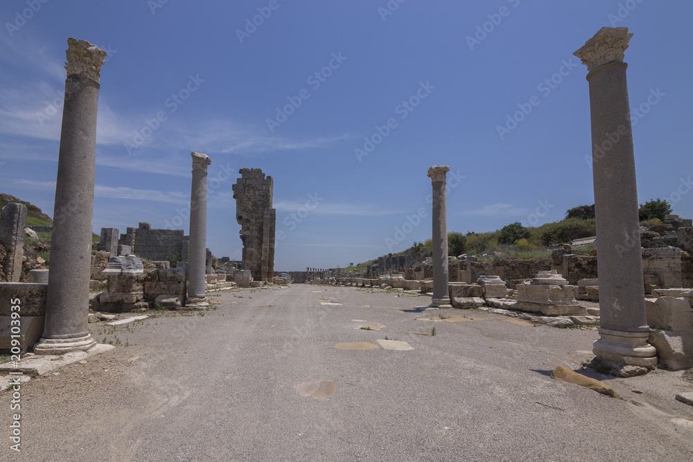 Ruins of Hadrian Roman Ancient City Perge, Antalya, Turkey
