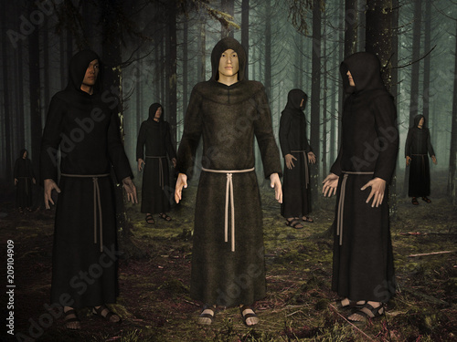 Billede på lærred 3D Illustration of a Group of Monks in Misty Forest