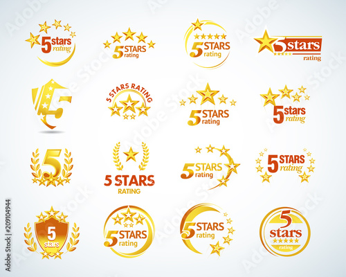 	
Golden Five stars logo template set. 5 star rating emblems set. Isolated Vector illustration.