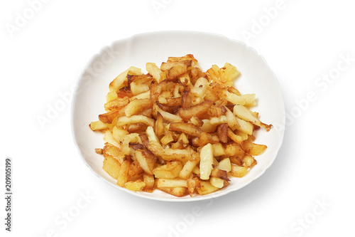 Fried potatoes in a white plate on a white background isolated