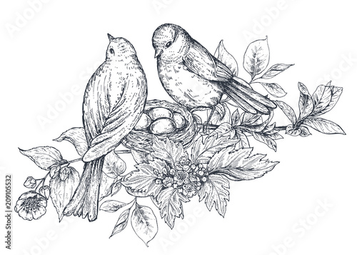 Bouquet with hand drawn blossom branches and birds.