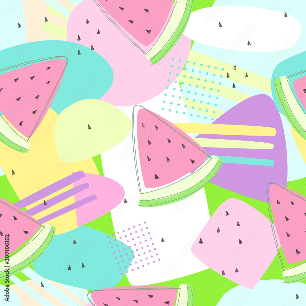 Watermelon seamless patterns on colorful background for printing and summer banner design, wallpaper and textile fabric print. Vector illustration