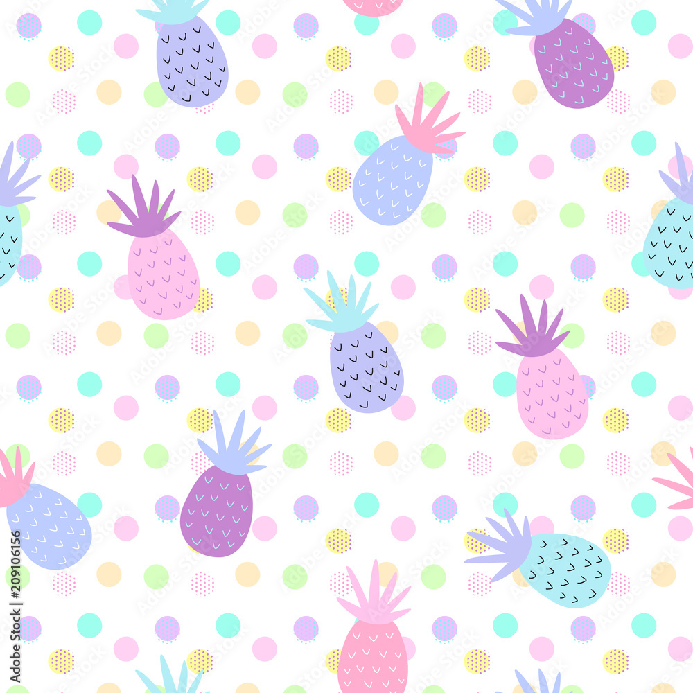 Pineapple seamless patterns on dot background for printing and summer banner design, wallpaper and textile fabric print. Vector illustration