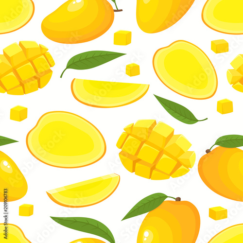 Vector seamless pattern with cartoon mango isolated on white