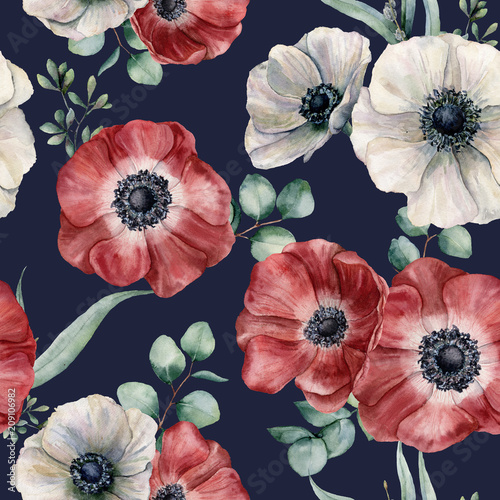 Watercolor anemone seamless pattern on dark blue background. Hand painted isolated red and white flowers  eucalyptus leaves. Illustration for design  fabric  print or background.