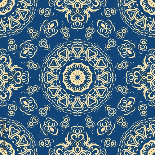 Floral Geometric Pattern with hand-drawing Mandala. Vector super illustration. For fabric, textile, bandana, scarg, print © Bonya Sharp Claw