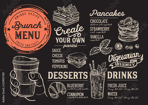 Brunch restaurant menu. Vector food flyer for bar and cafe. Design template with vintage hand-drawn illustrations.