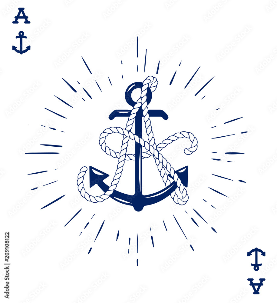 Vintage Label with an Anchor and Letter made of Ship Rope. Apparel t-shirt or Poster Design. Logotype Monogram with Playing Cards Style. Vector illustration.