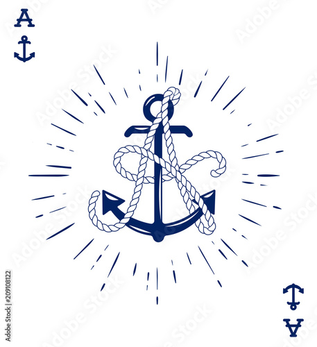 Vintage Label with an Anchor and Letter made of Ship Rope. Apparel t-shirt or Poster Design. Logotype Monogram with Playing Cards Style. Vector illustration.
